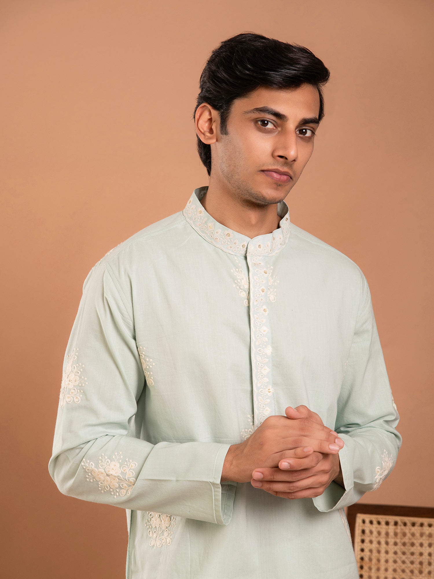 MULMUL ADVIK SAGE GREEN EMBROIDERED KURTA-PANT SET