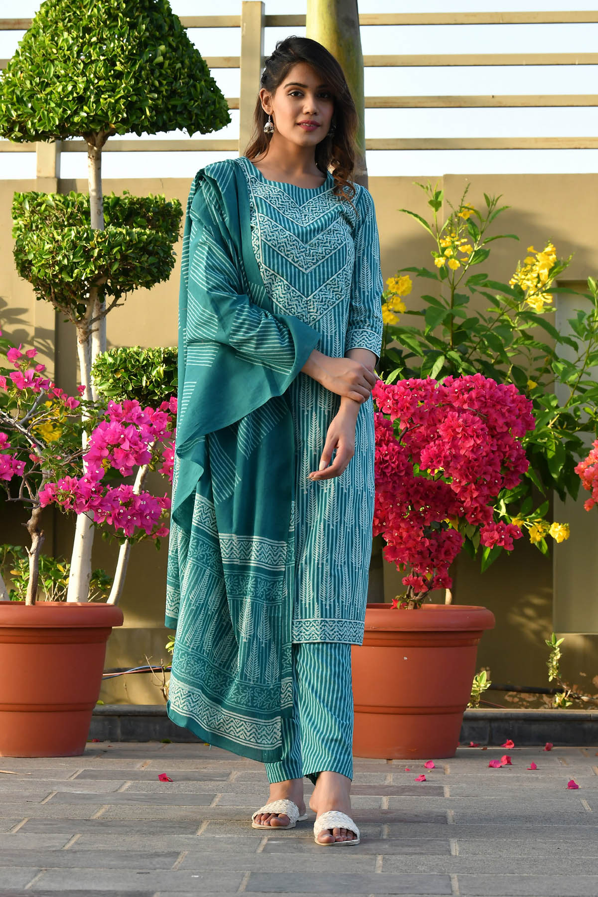 AANAVI BLOCK PRINTED KURTA-PANTS & DUPATTA SET